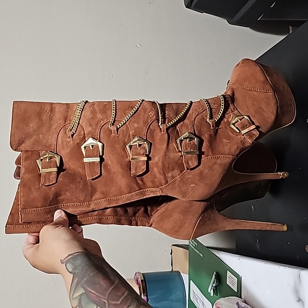Brown with gold buckles/chains Boot Heel